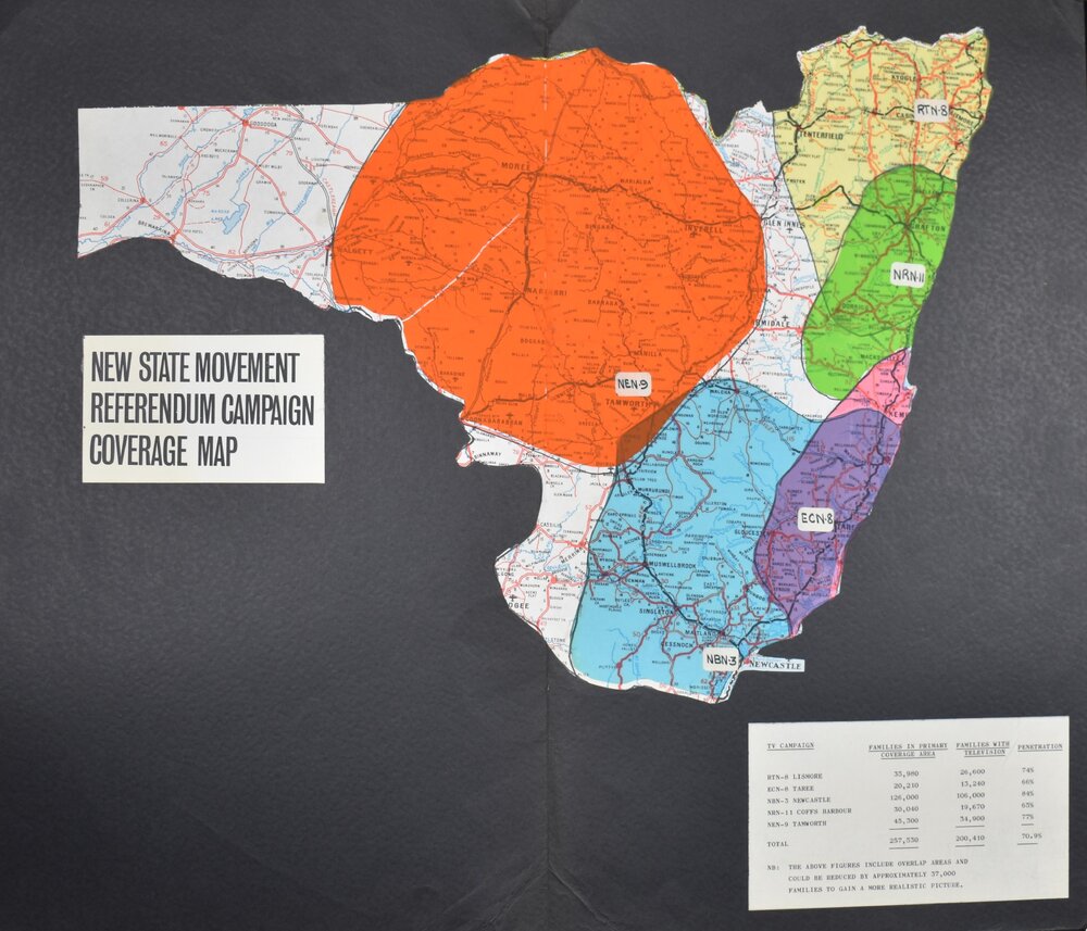 Poster - New State Movement Referendum Campaign Coverage Map - Newspaper and Radio