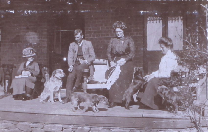 Three unidentified women and one man with pet dogs