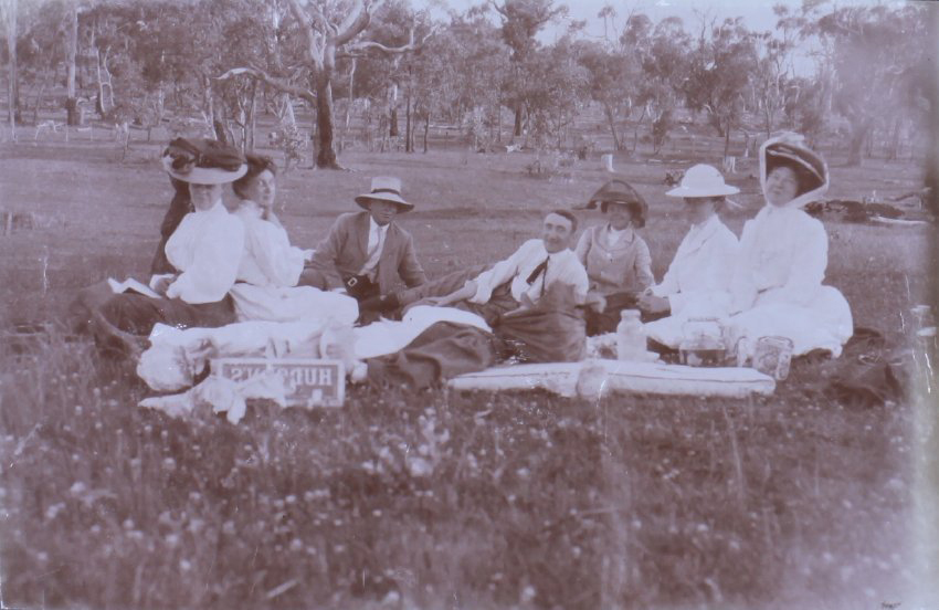 Group of two men and five women on a picnic