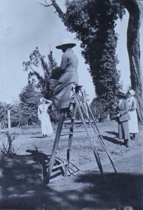 Woman sitting atop a ladder, with another woman and two nurses in the background