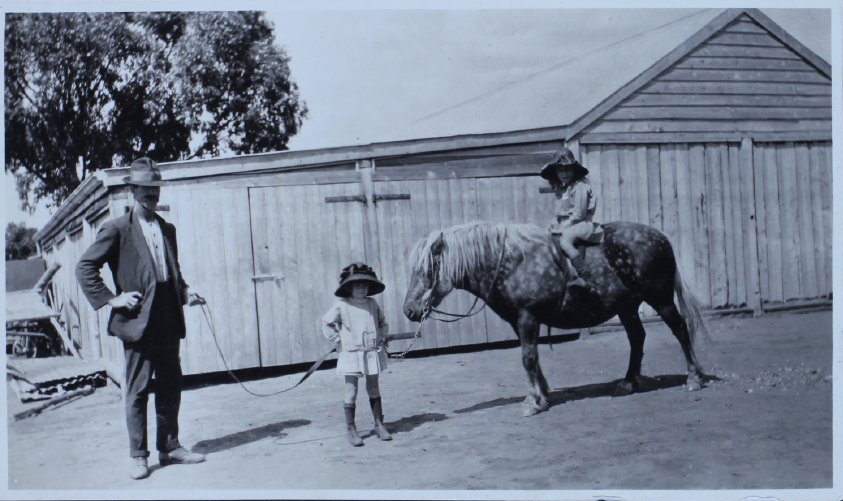 Man leading a pony with a young girl on its back, and another child standing