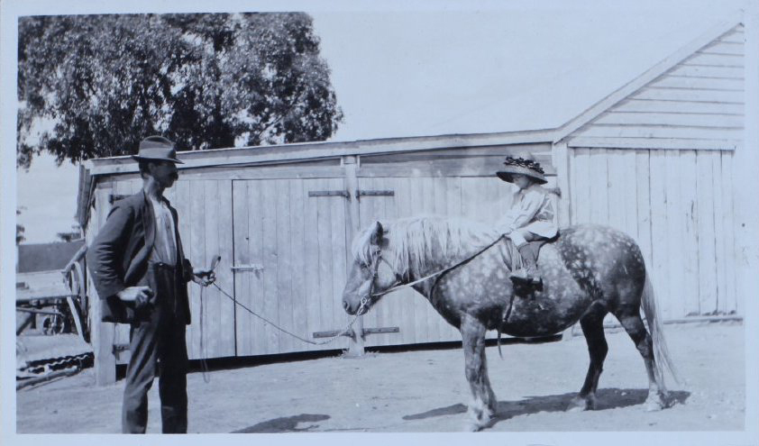 Man leading a pony with a young girl on its back