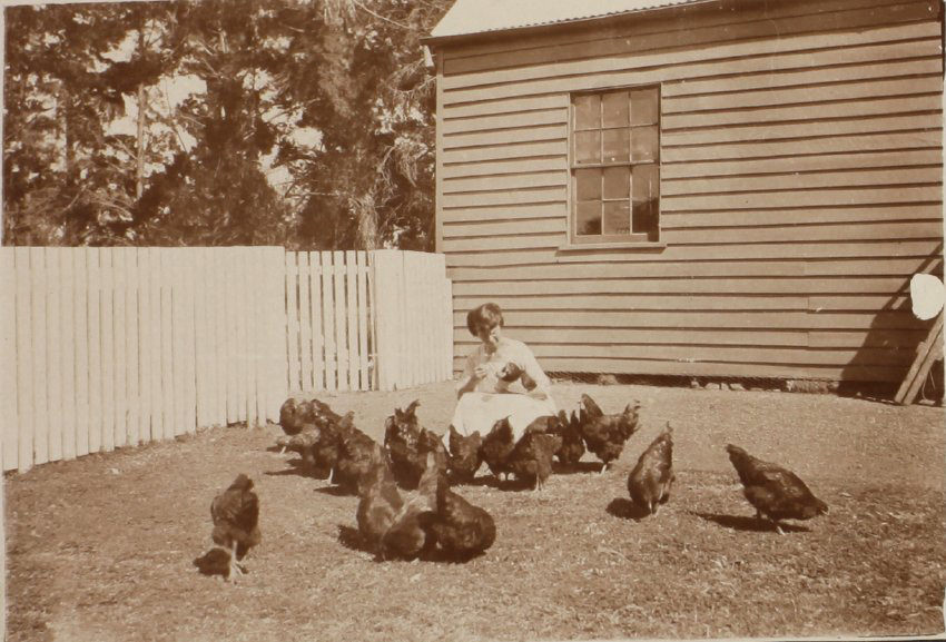 Unidentified woman with chickens