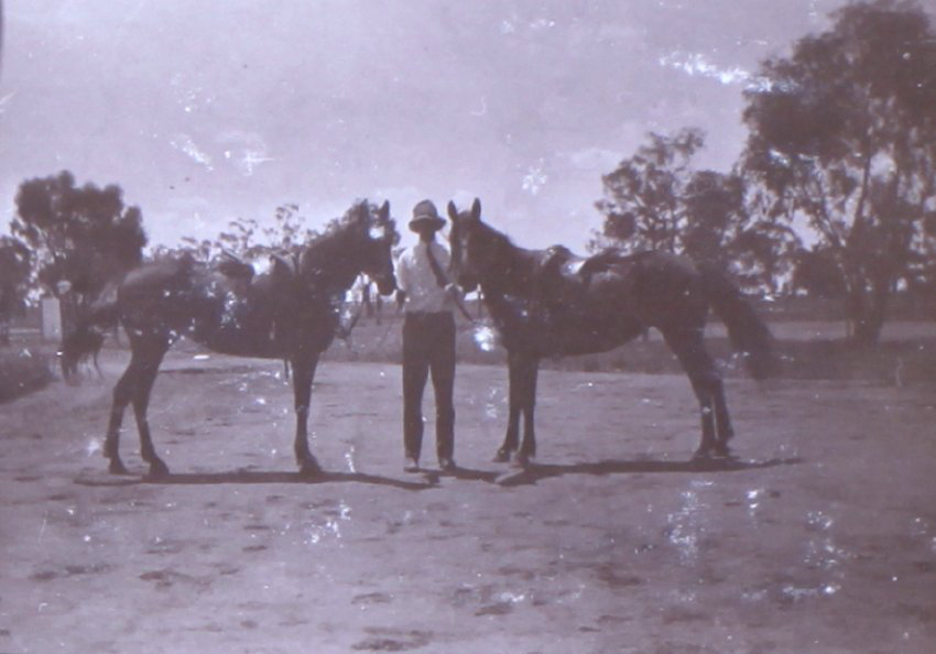 Unidentified man holding two horses