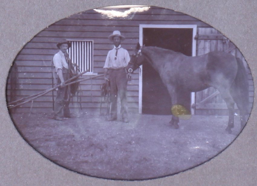 Two unidentified men with a horse