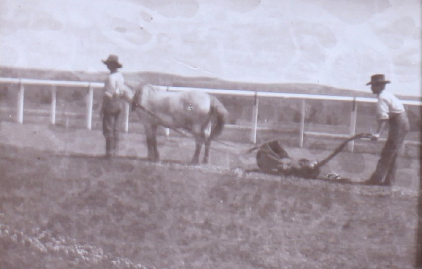 Two workmen with horse drawn lawnmower[?]