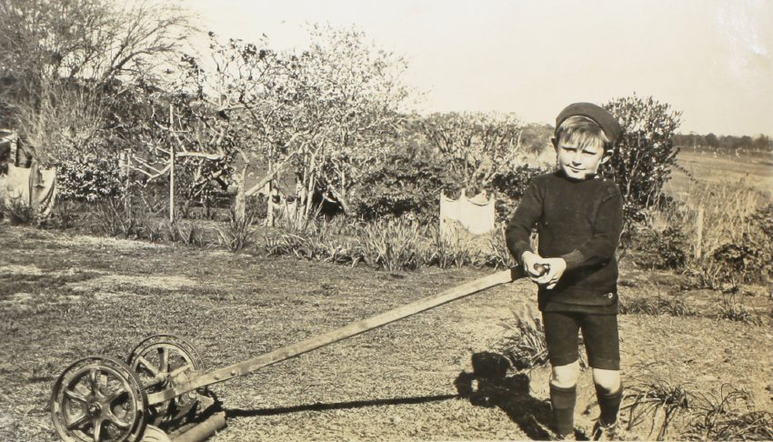 Unidentified boy with push lawn mower