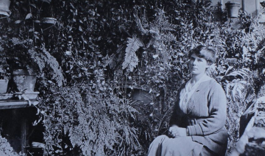 Unidentified woman sitting in a fernery
