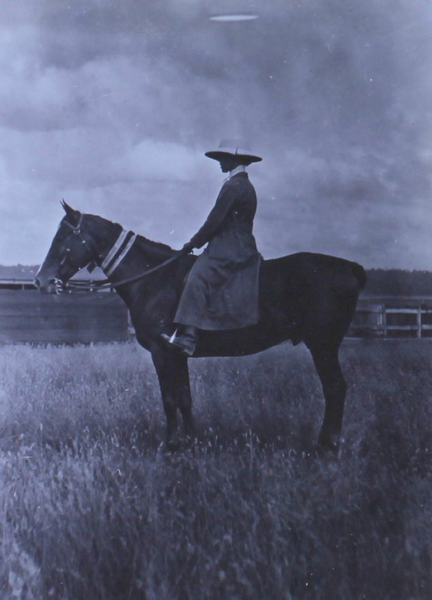 Woman on a horse with show ribbons