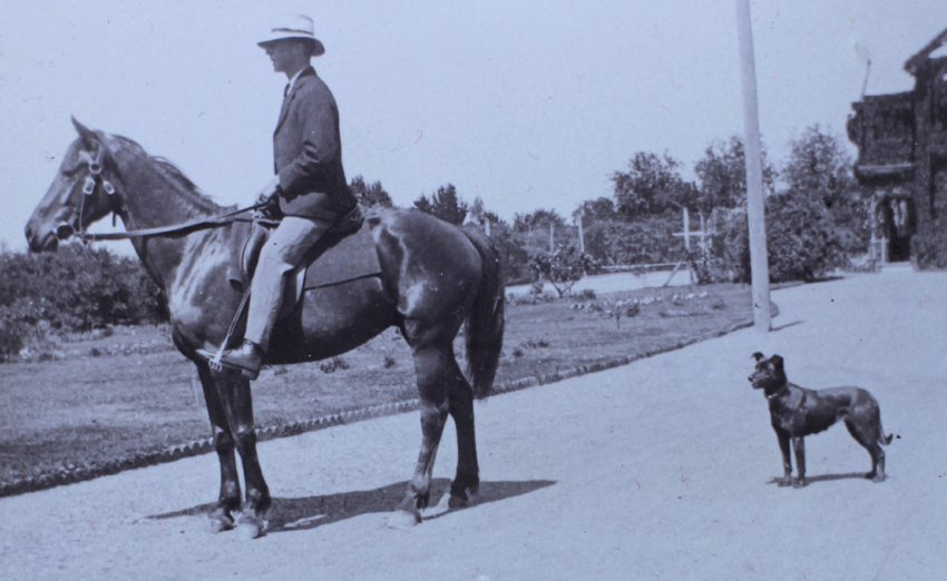 Man on a horse with a pet dog