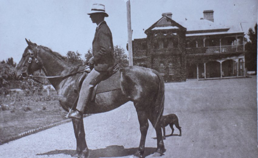 Man on a horse with a pet dog