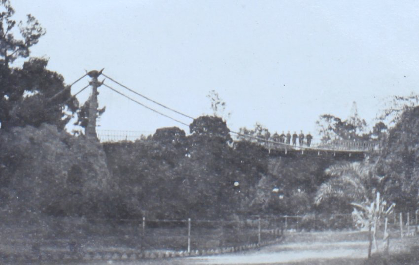 Soldiers on a footbridge looking over a park area