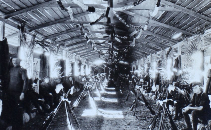 Interior of a decorated barrack with soldiers