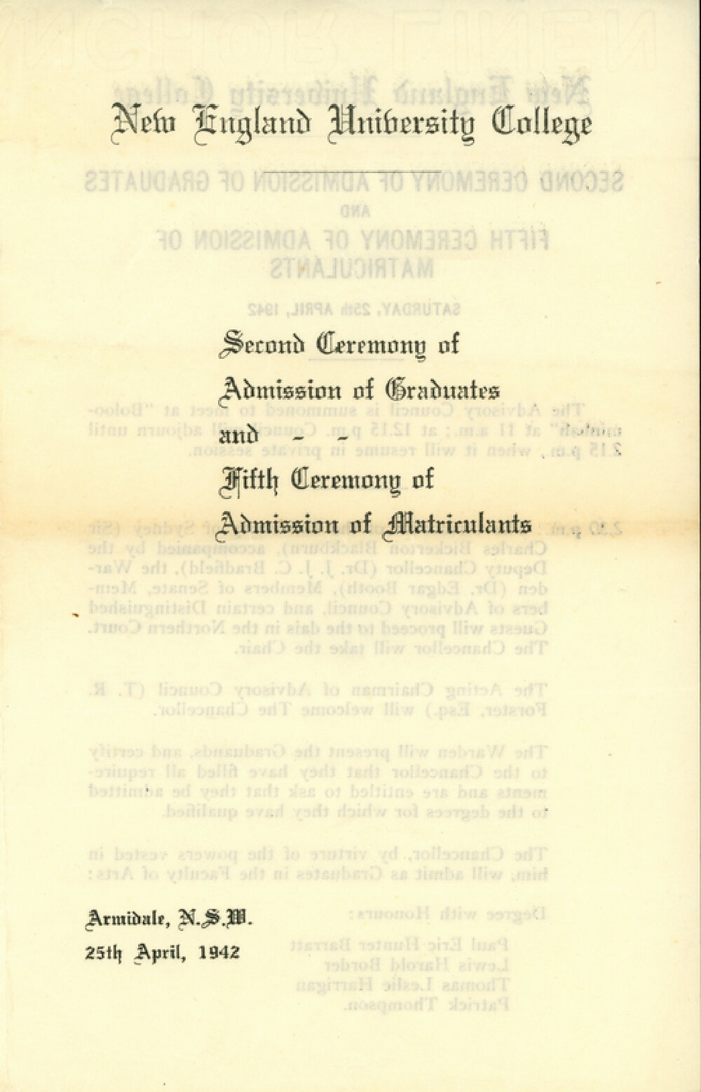 Programme of Second Ceremony of Admission of Graduates at NEUC, 25 April 1942