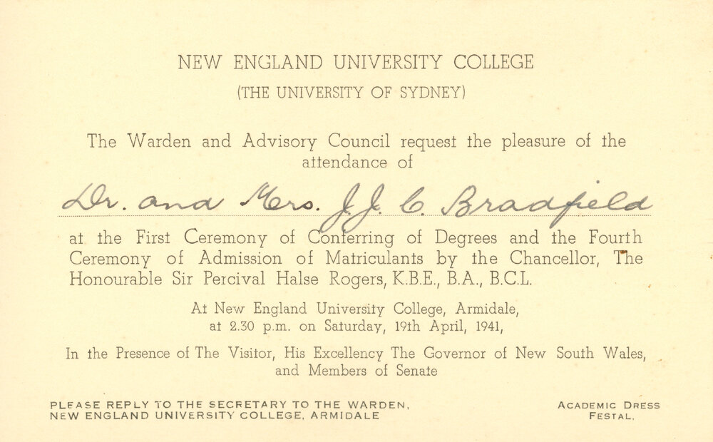 Invitation from N.E.U.C. Council to Dr and Mrs Bradfield to attend the First Ceremony of Conferring of Degrees 