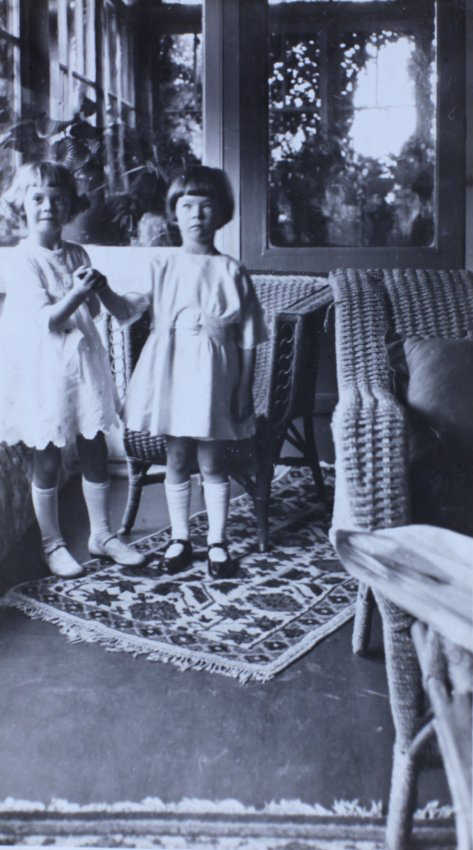 Two young girls standing in a sunroom