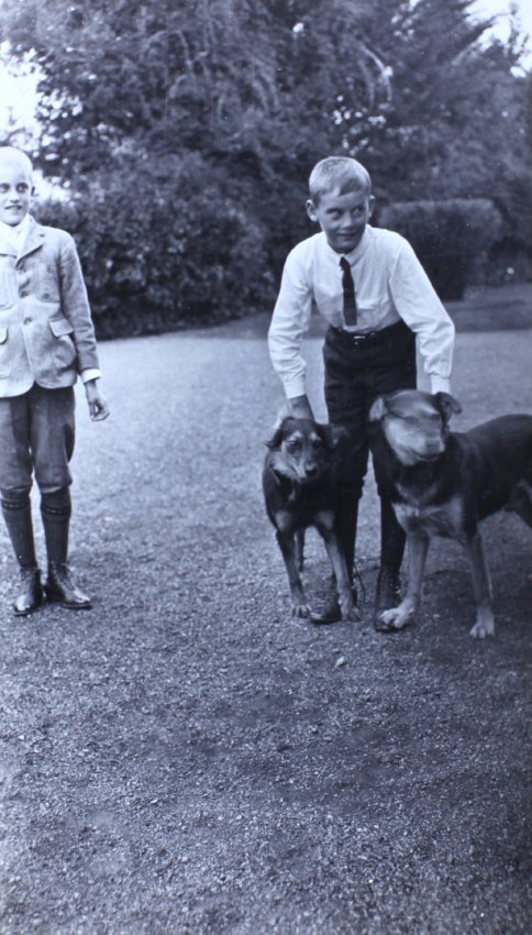 Two young boys on the lawn with one holding two pet dogs