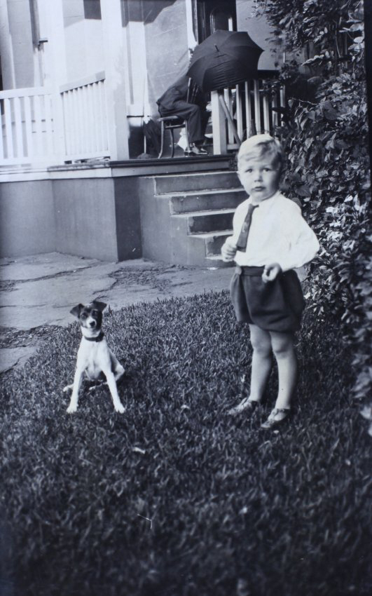 Young boy standing on the grass with a pet dog