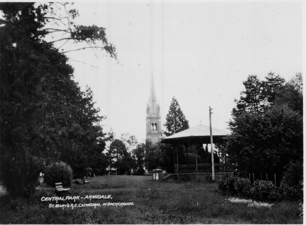 Central Park Band rotunda with St Mary's in background, c.1935