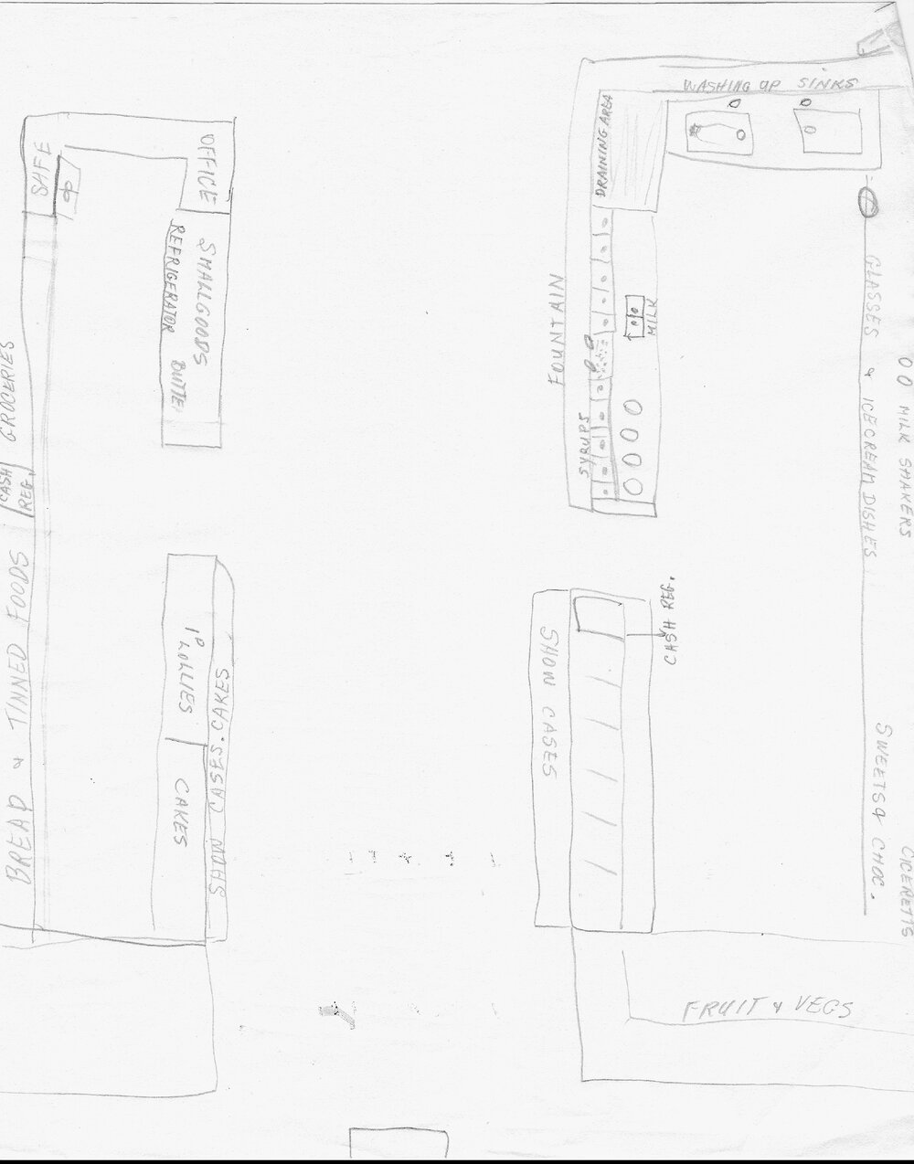 Pencil sketches by Eleni Dedes of the floor plan of the White Rose Caf&eacute;