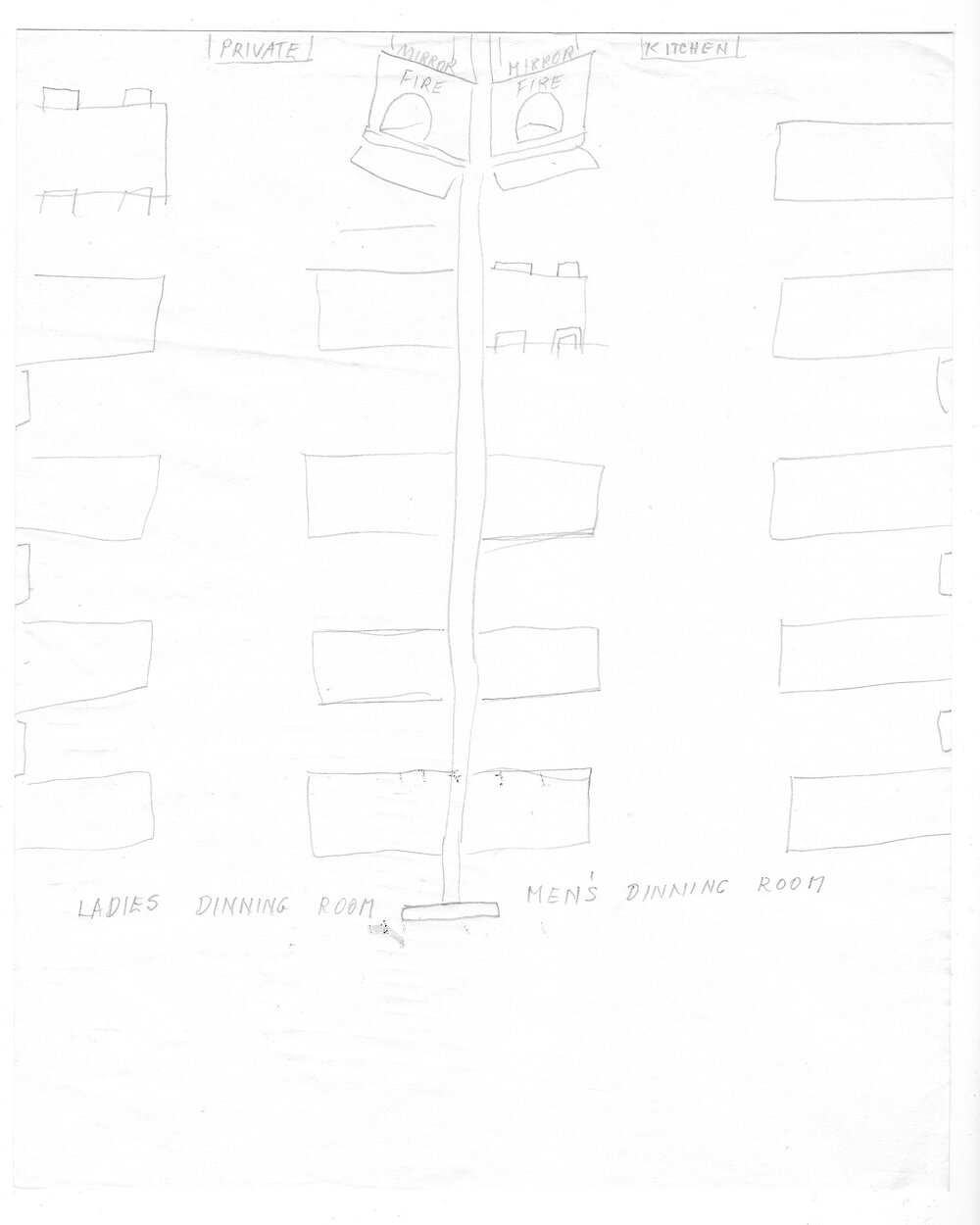 Pencil sketch by Eleni Dedes - floor plan of the back half of the White Rose Caf&eacute;, Uralla, 1930s