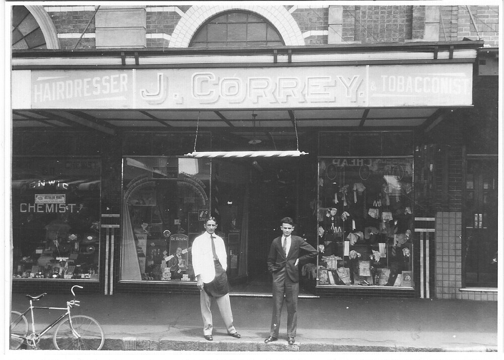 George and Abraham Correy outside the family business, Glen Innes, early 1930s