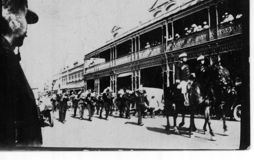 Beardy Street procession, band marching near Imperial Hotel, [1918]