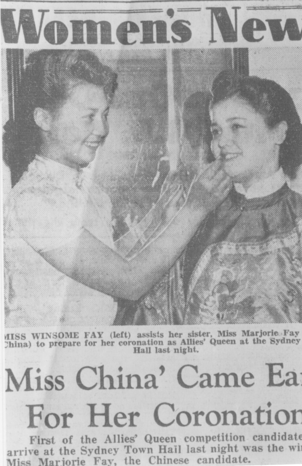 Photo of newspaper article and photo about Marjorie Fay being crowned Allies Queen during World War II. From Daily Telegraph, 1 August 1942.
