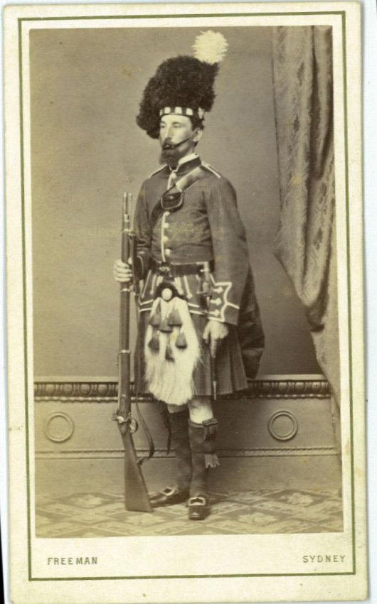 A carte-de-visite of an unidentified man wearing Scottish military dress uniform