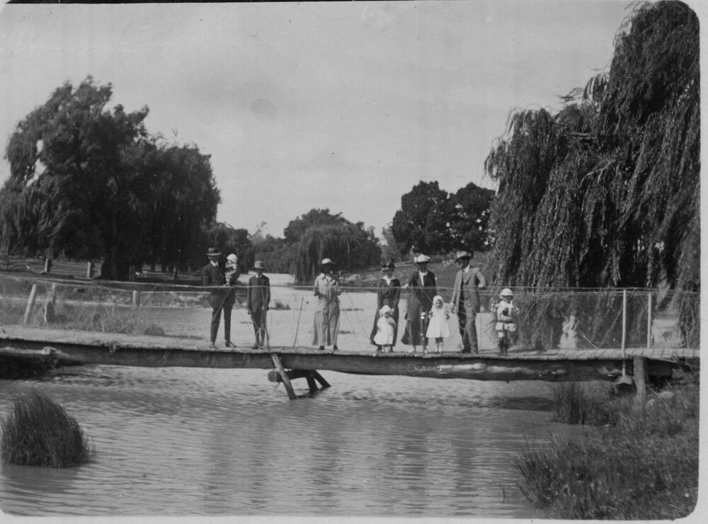 Group on footbridge in country