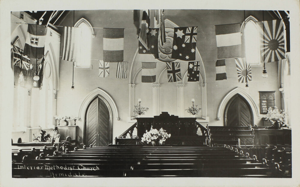 Interior Methodist Church with flags, [1918]