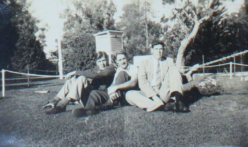 NEUC Students outside Booloominbah near weather station, 1942