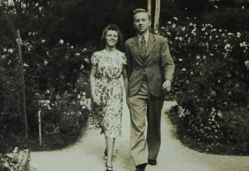 Students in Booloominbah rose garden Nov 1940 - P. Taylor and F. Rickwood