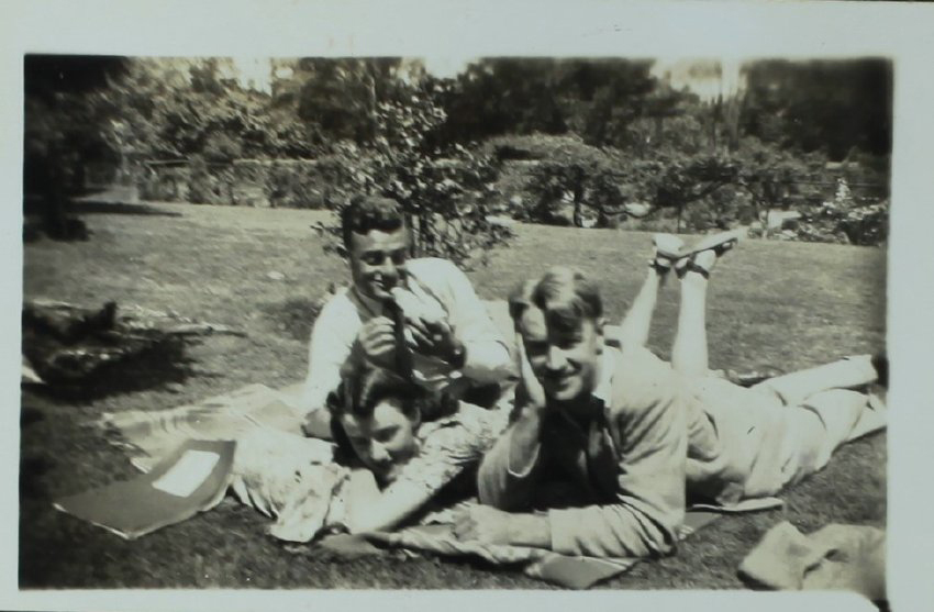 Students on Booloominbah lawn - H. Ward, K. Miller, M. Hartwell, 1942