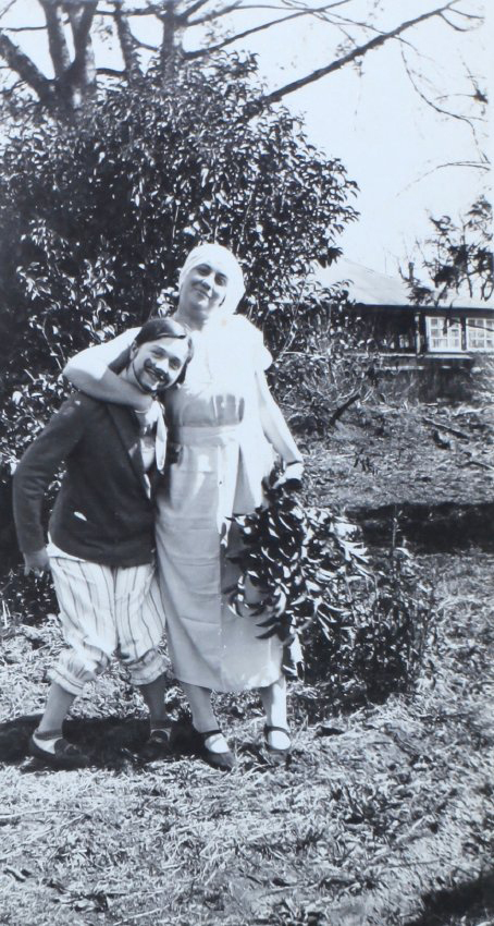 Lily O'Brien and Dora Morris in costume as the "Bride and Groom"