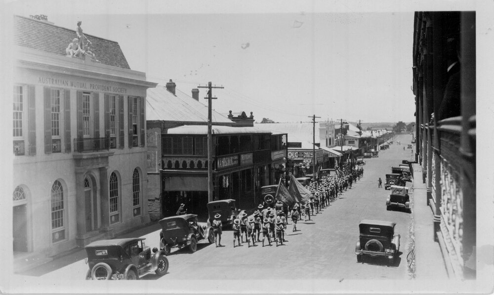 Boy Scouts procession, view of Beardy Street looking east from Imperial Hotel verandah