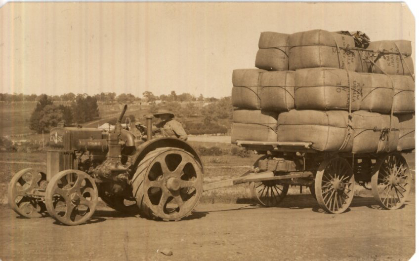 Tractor towing wool wagon with Uralla wool bales