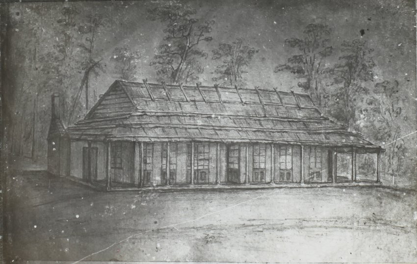 Sketch of Durham Ox Hotel at river ford, Casino