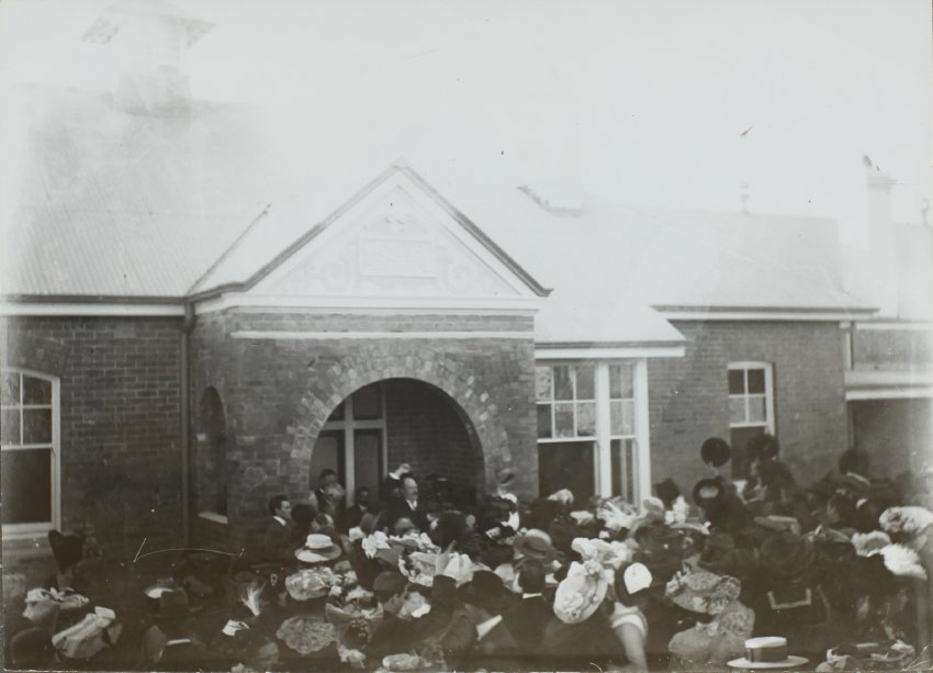 Large crowd outside Lismore Hospital, post 1903