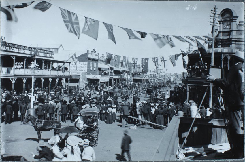 Street scene with festivities, [for Lord Chelmsford visit], Lismore