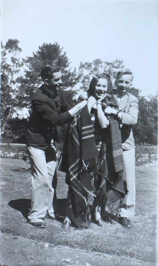 [Alf Maiden, Ena Skinner, Frank Rickwood] on the lawn, 1939
