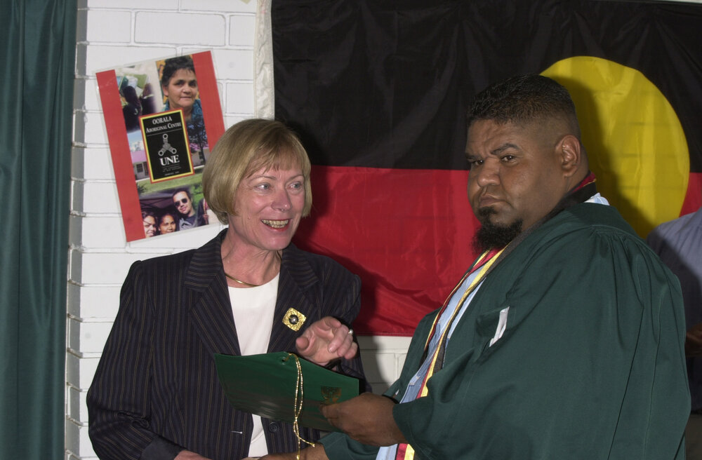 Professor Ingrid Moses with graduate, TRACKS Graduation, 2001