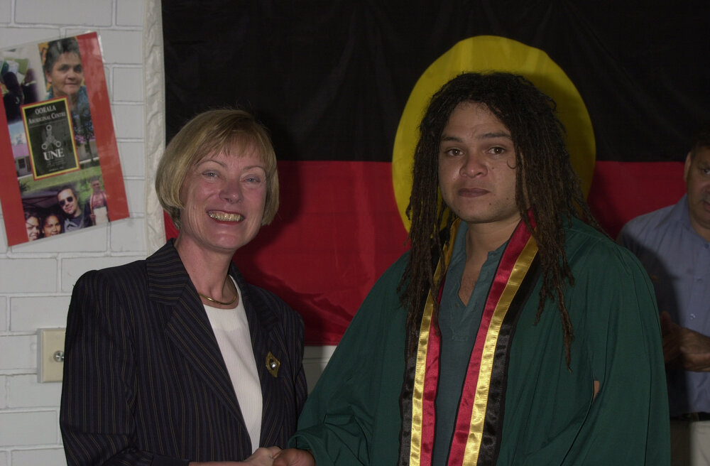 Professor Ingrid Moses with TRACKS Graduate Marcus Ferguson, 2001