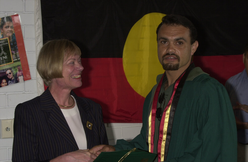 Professor Ingrid Moses with Clayton Morris, TRACKS Graduation, 2001