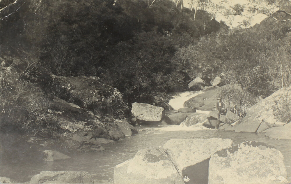 Man seated near mountain stream, [Dorrigo?]