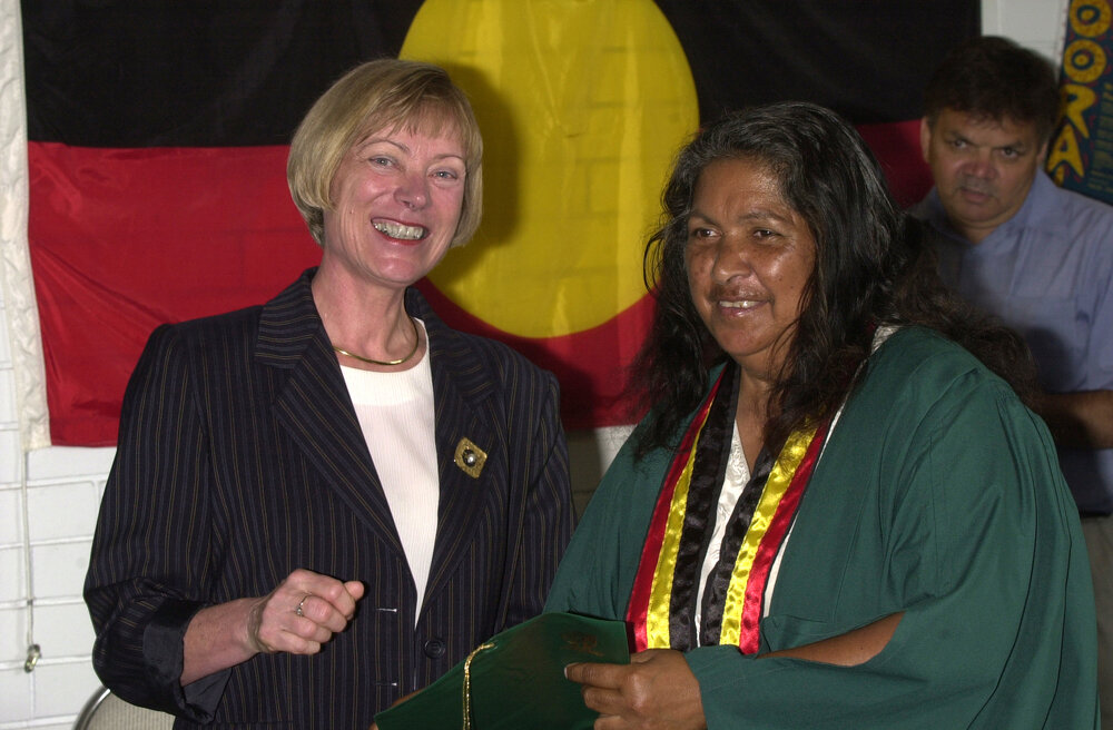 Professor Ingrid Moses with Beatrice Quinlin, TRACKS Graduation, 2001