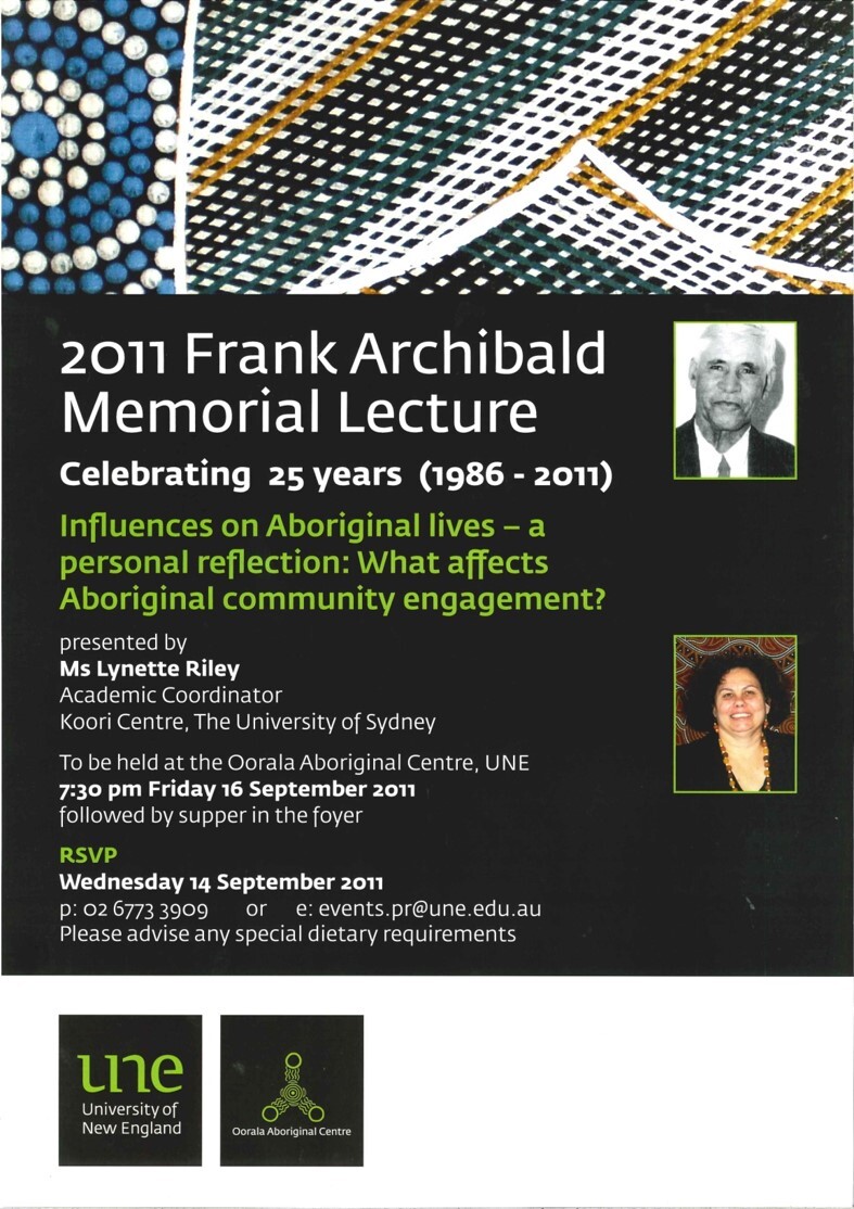 Influences of Aboriginal lives &ndash; 2011 Frank Archibald Memorial Lecture