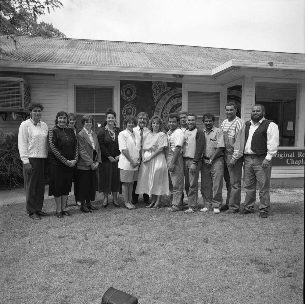 Group standing outside Oorala Centre, UNE, 1993