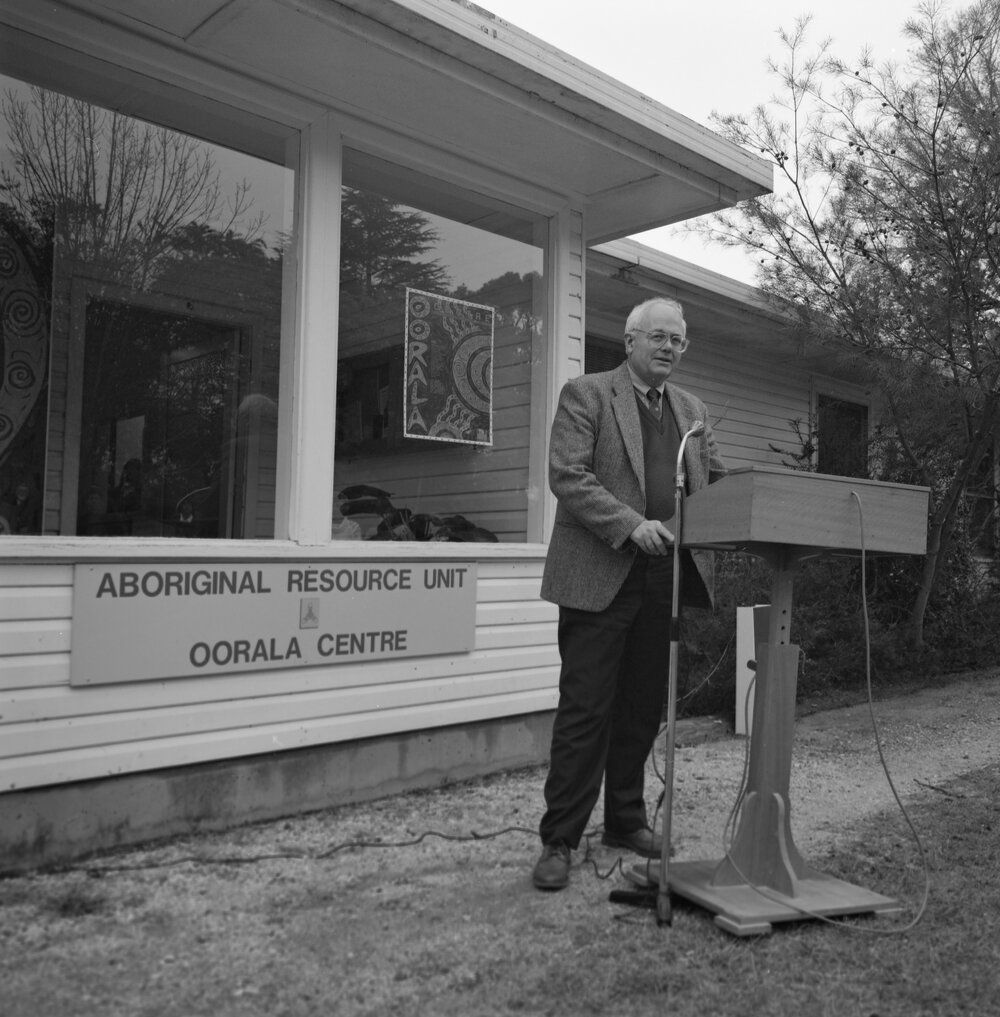 Professor C. Hawkins at the opening of the new Oorala Centre, 1992