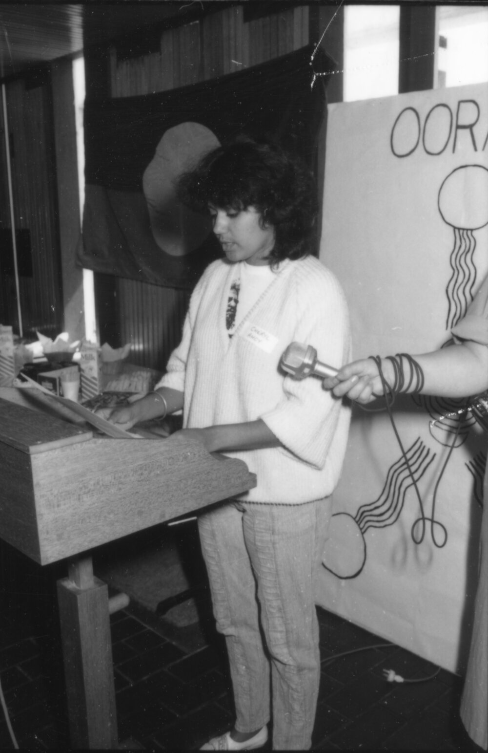 Cheryl Kitchener speaking at the official opening ceremony of the Oorala Centre, 1986